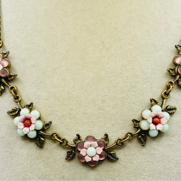 Michal Negrin Antique Tone Floral Necklace with Pink and Green Flowers. 16 inch - Picture 2 of 10
